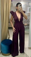 Load image into Gallery viewer, Padded Ruffle shoulder v neckline satin jumpsuit