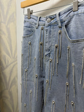 Load image into Gallery viewer, Washed Rhinestone Studded Fringe Denim Jeans