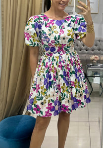 Floral Printed Puff Sleeves Cutout Back Mini Dress