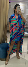 Load image into Gallery viewer, Groovy Blues Double Notched High Low Caftan Dress