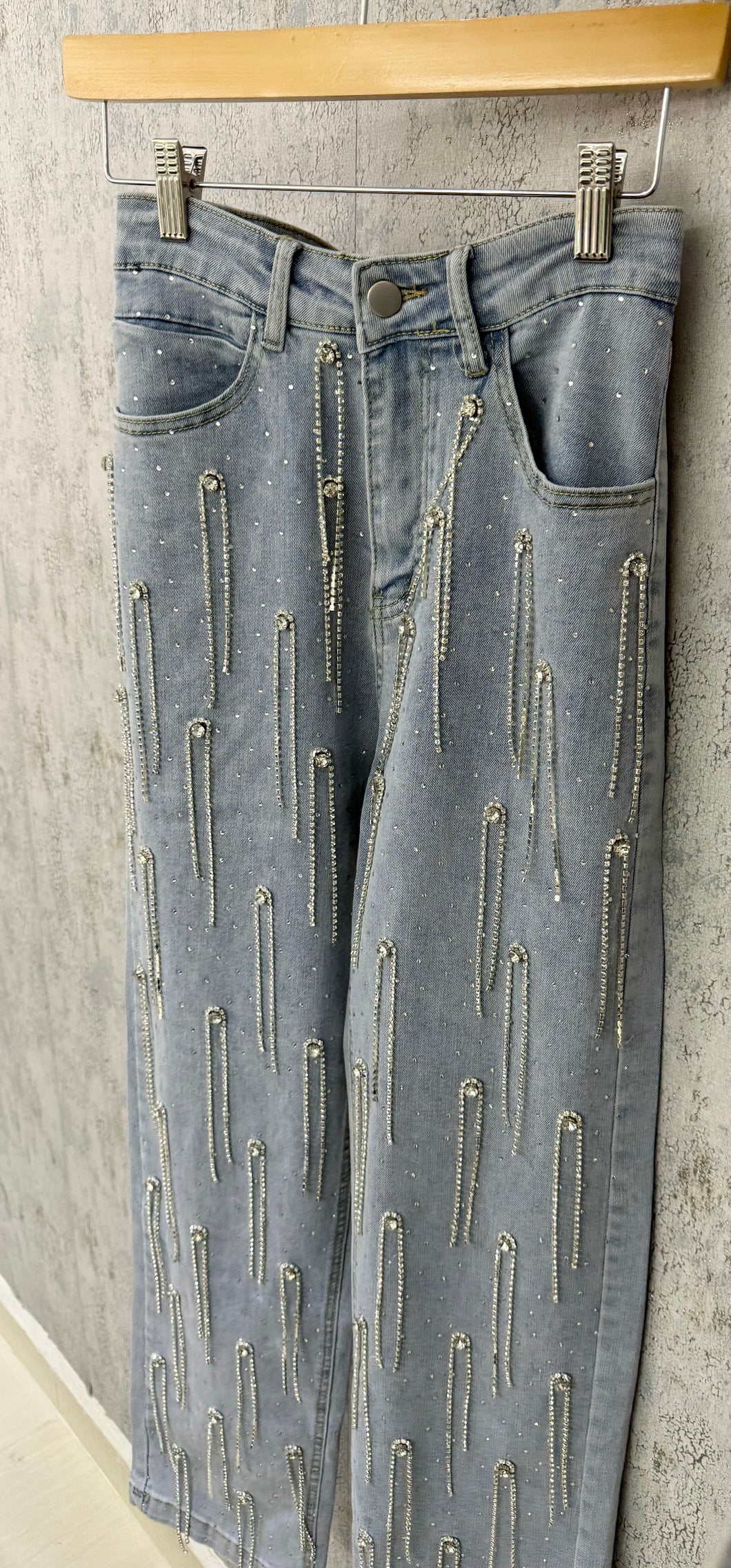 Washed Rhinestone Studded Fringe Denim Jeans