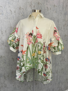 High-Low Floral Spring Ruched Sleeves Top