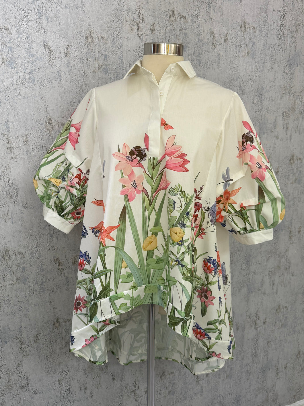 High-Low Floral Spring Ruched Sleeves Top