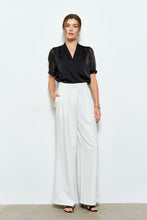 Load image into Gallery viewer, Sheer Puff Sleeve Satin V-neck Blouse