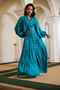 Draped flowy maxi dress with balloon long sleeves