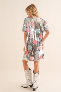 Sequin multi Flower T Shirt Mini Dress