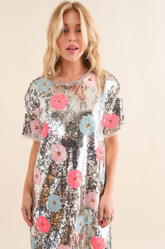 Sequin multi Flower T Shirt Mini Dress