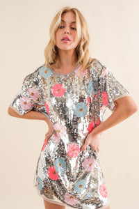 Sequin multi Flower T Shirt Mini Dress