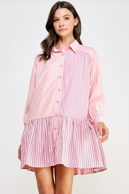 Mixed Stripe Mini Shirt Dress