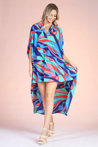 Groovy Blues Double Notched High Low Caftan Dress