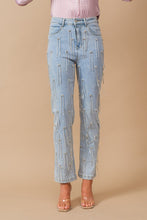 Load image into Gallery viewer, Washed Rhinestone Studded Fringe Denim Jeans