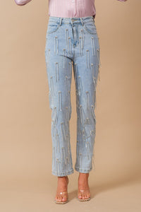 Washed Rhinestone Studded Fringe Denim Jeans