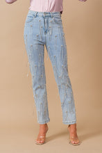 Load image into Gallery viewer, Washed Rhinestone Studded Fringe Denim Jeans