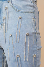 Load image into Gallery viewer, Washed Rhinestone Studded Fringe Denim Jeans