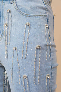 Washed Rhinestone Studded Fringe Denim Jeans