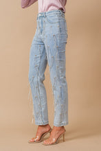 Load image into Gallery viewer, Washed Rhinestone Studded Fringe Denim Jeans