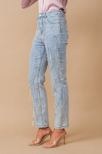 Washed Rhinestone Studded Fringe Denim Jeans