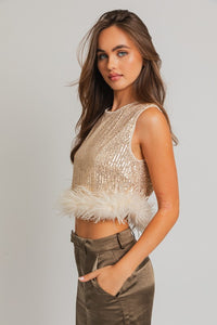 Sequin Sleeveless Feathers Top