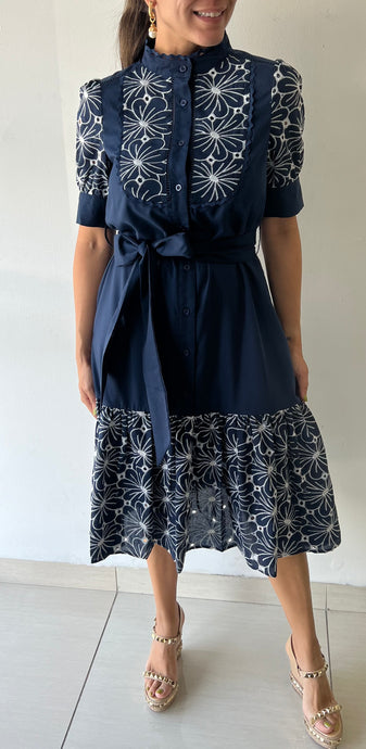 GRACIA-Floral Embroidery Navy Midi Dress