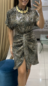 Ruched Waist Sequin Animal Print Dress