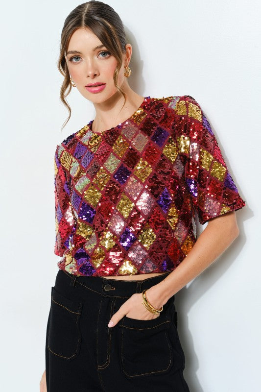 Sequin Diamond Pattern Crop Top