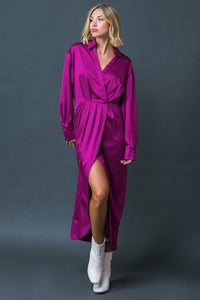 Long Sleeve Satin Slit Mona Dress