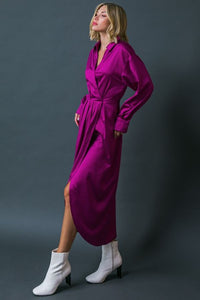 Long Sleeve Satin Slit Mona Dress