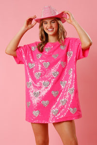 Pink Heart Sequin T Shirt Dress