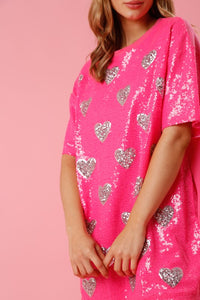 Pink Heart Sequin T Shirt Dress