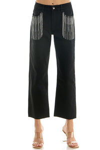 Cropped Jeans with Rhinestones Fringe Pockets