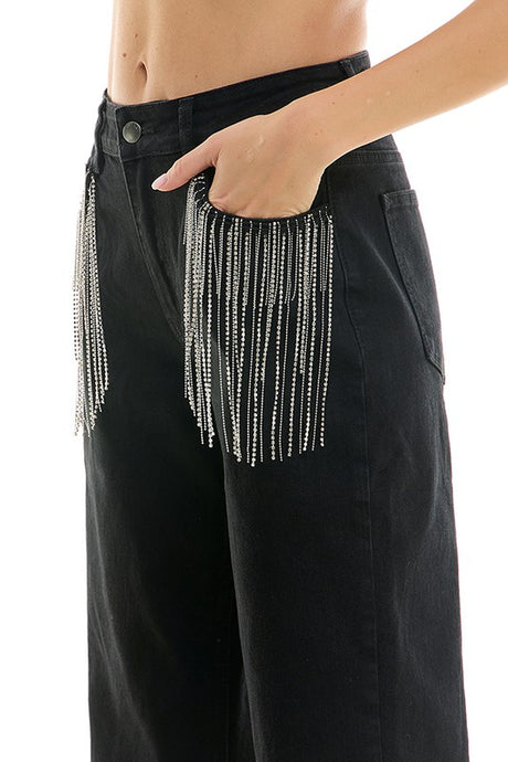 Cropped Jeans with Rhinestones Fringe Pockets