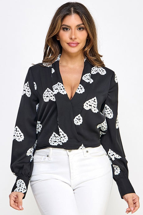 Hearts printed Surplice Copped Top