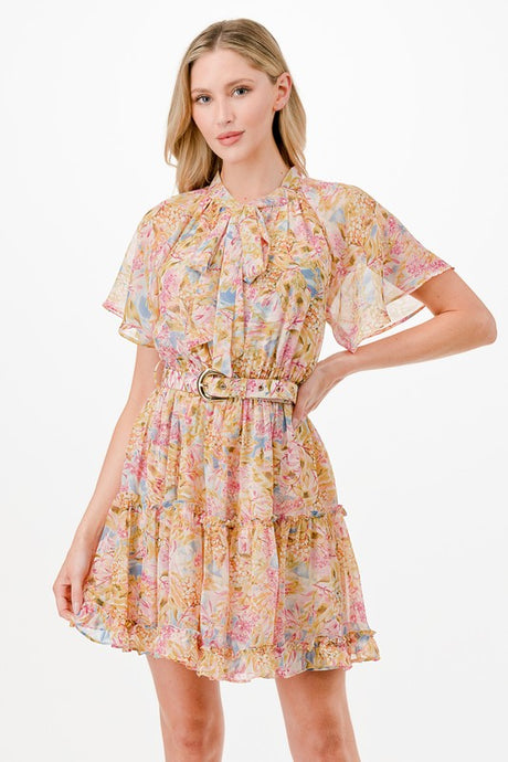 Floral Print Mini Dress with Belt