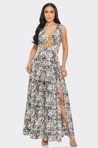 Deep V Neck Abstract Rattan Buckle Maxi Dress