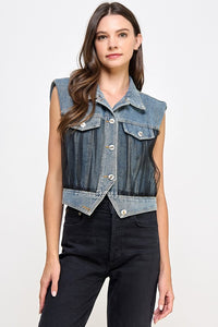 Sleeveless Mesh Denim Jacket Vest