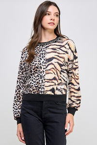 Color Block Animal Print Bling Neck Sweater