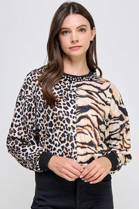 Color Block Animal Print Bling Neck Sweater