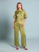 Load image into Gallery viewer, GRACIA-Side Twist Knot Mock Neck Puff Sleeve Satin Top &amp; Pant Set