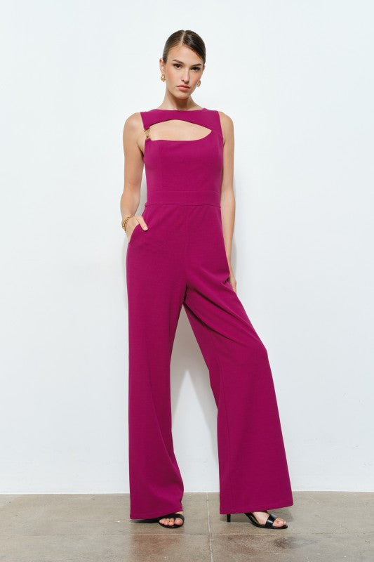 Asymmetrical Cutout Buckle Wide Leg Jumpsuit
