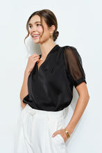 Load image into Gallery viewer, Sheer Puff Sleeve Satin V-neck Blouse