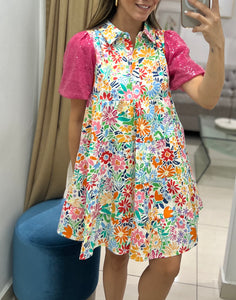 Floral Poplin Sequin Puffy Sleeves Dress