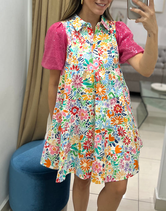 Floral Poplin Sequin Puffy Sleeves Dress