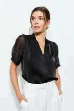 Load image into Gallery viewer, Sheer Puff Sleeve Satin V-neck Blouse