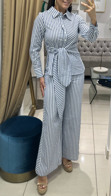 GRACIA- Pin Stripe Knotted Blouse Set