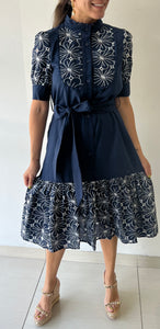 GRACIA-Floral Embroidery Navy Midi Dress