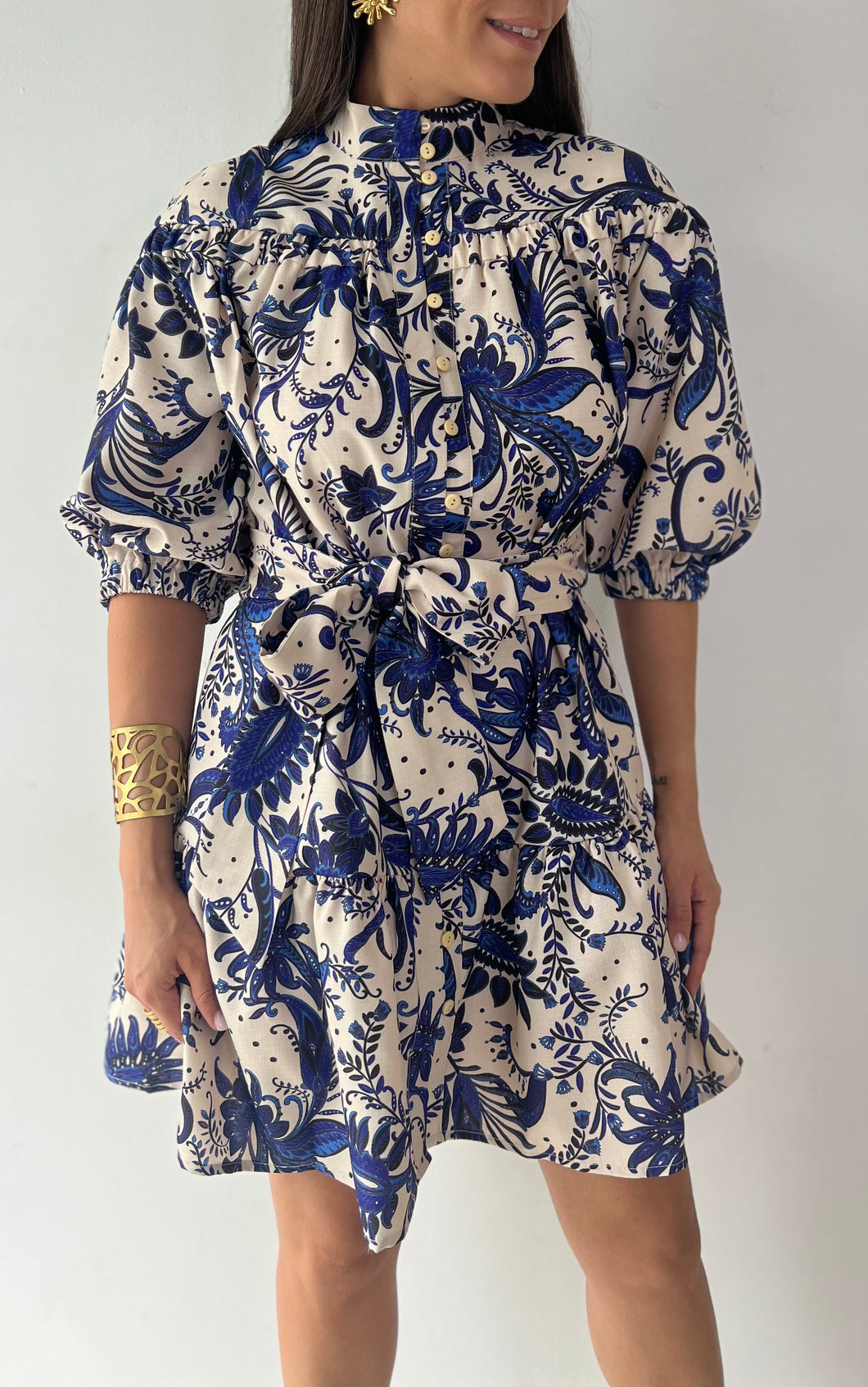 Floral Print Bubble Sleeve High Neck Dress