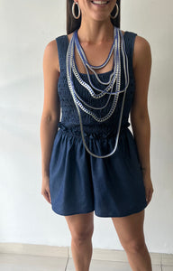 Smocked Corset Denim Romper