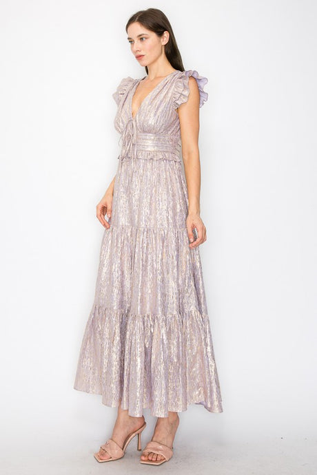 Metallic Stripe Ruffled Sleeves Midi Dress