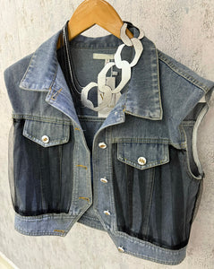 Sleeveless Mesh Denim Jacket Vest