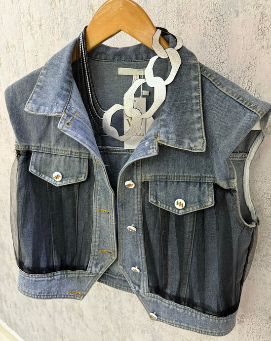 Sleeveless Mesh Denim Jacket Vest